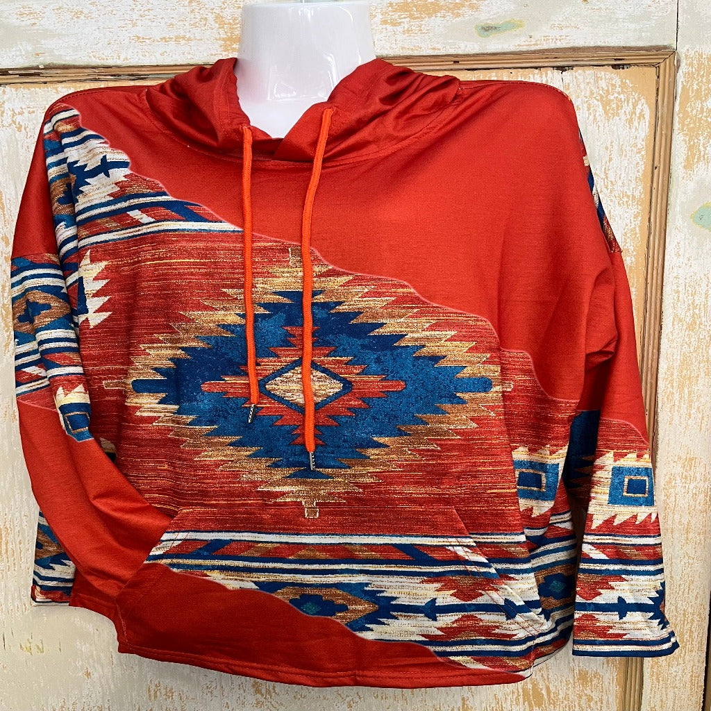  Orange Aztec, Long Sleeve Hoodie 