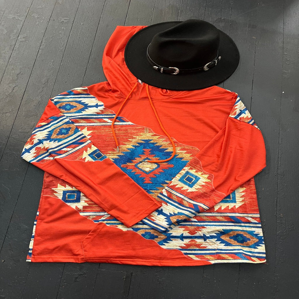  Orange Aztec, Long Sleeve Hoodie 