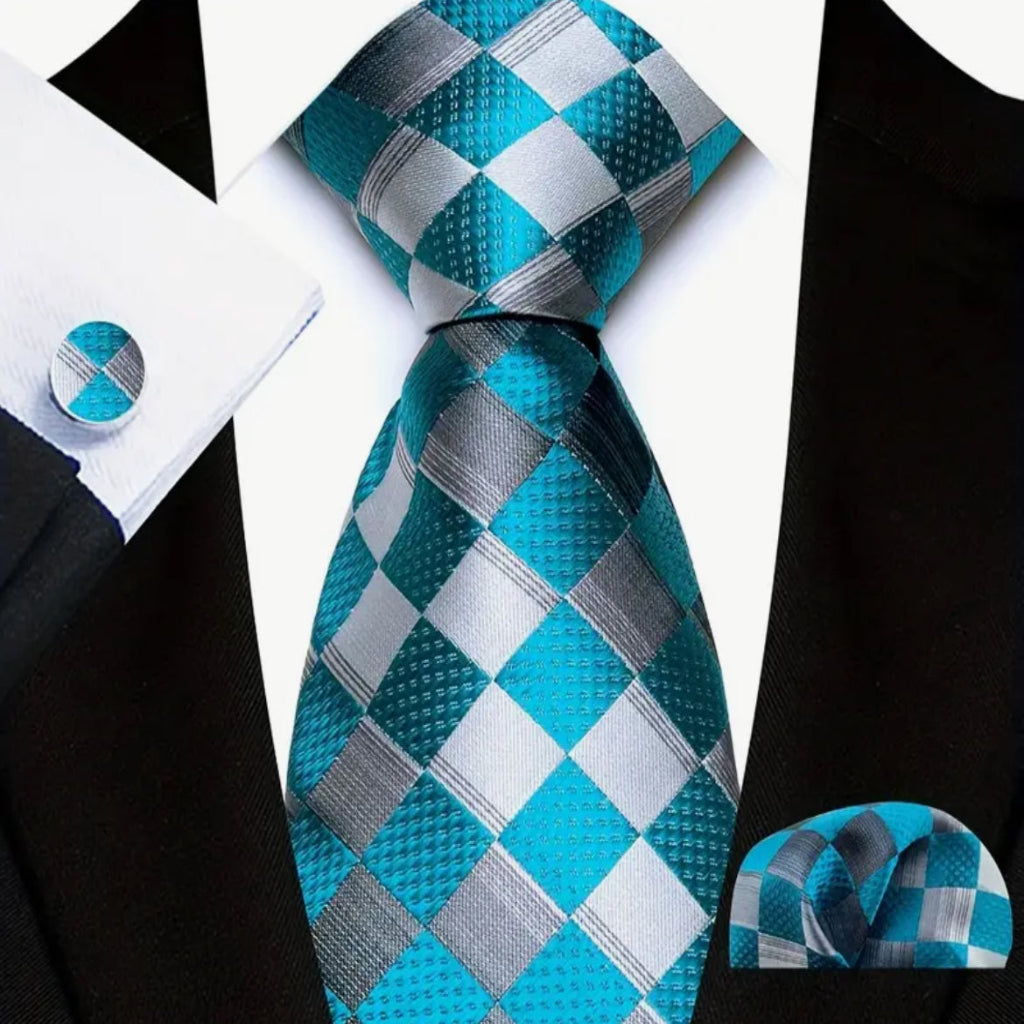 Turquoise Plaid Tie Set