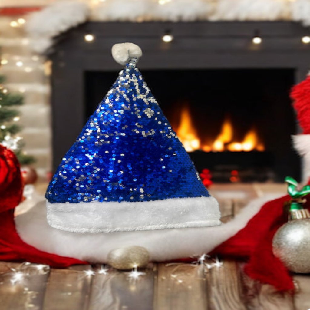 Blue Sequence Santa Hat