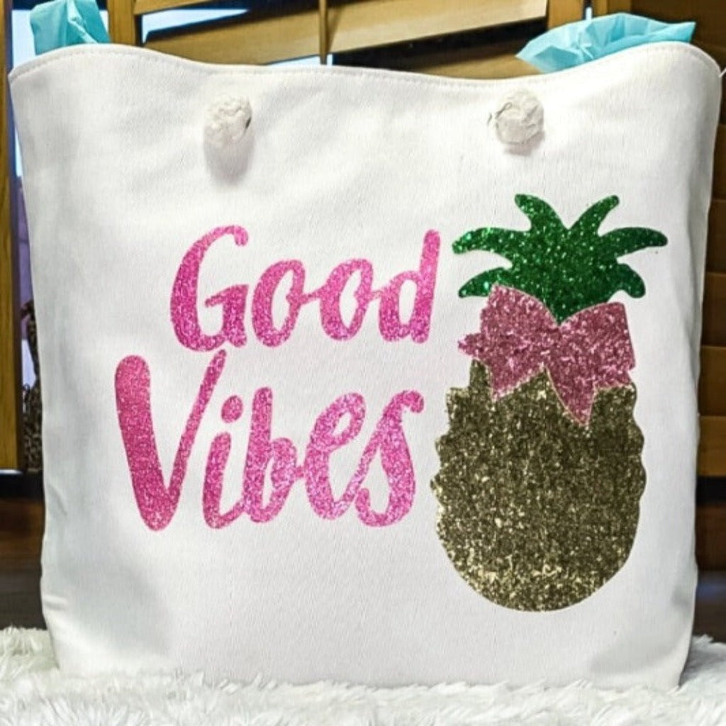 Good Vibes Glitter Beach Tote Bag