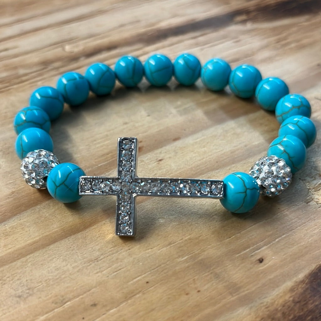 ￼ Ruth, Turquoise Beaded Bracelet with Cross ￼￼